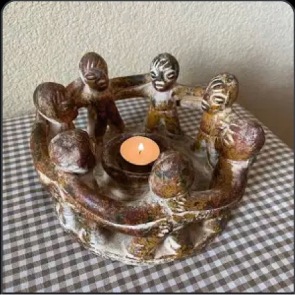Large 7 CIRCLE OF FRIENDS Candle Holder Pre-Columbian Dancers Style Aztec Mayan